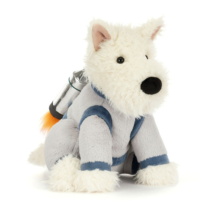 munro scottie dog plush in astronaut space outfit with rocket pack