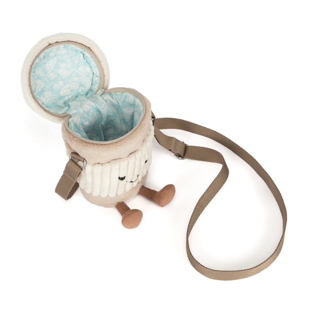 Jellycat Amuseables Perkle Coffee Shoulder Bag beige plush coffee cup with cream sleeve, smiling face, corduroy feet and shoulder strap
