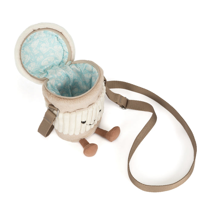 Jellycat Amuseables Perkle Coffee Shoulder Bag beige plush coffee cup with cream sleeve, smiling face, corduroy feet and shoulder strap