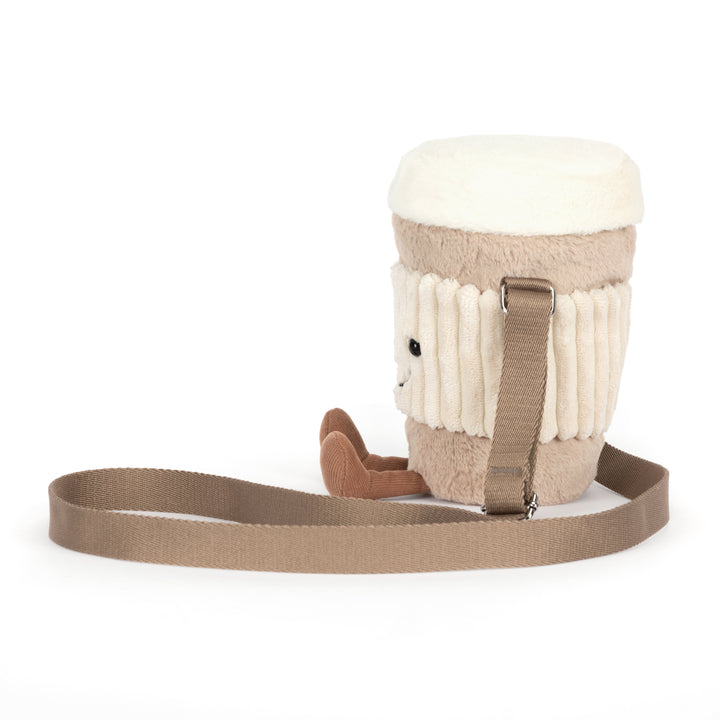 Jellycat Amuseables Perkle Coffee Shoulder Bag beige plush coffee cup with cream sleeve, smiling face, corduroy feet and shoulder strap
