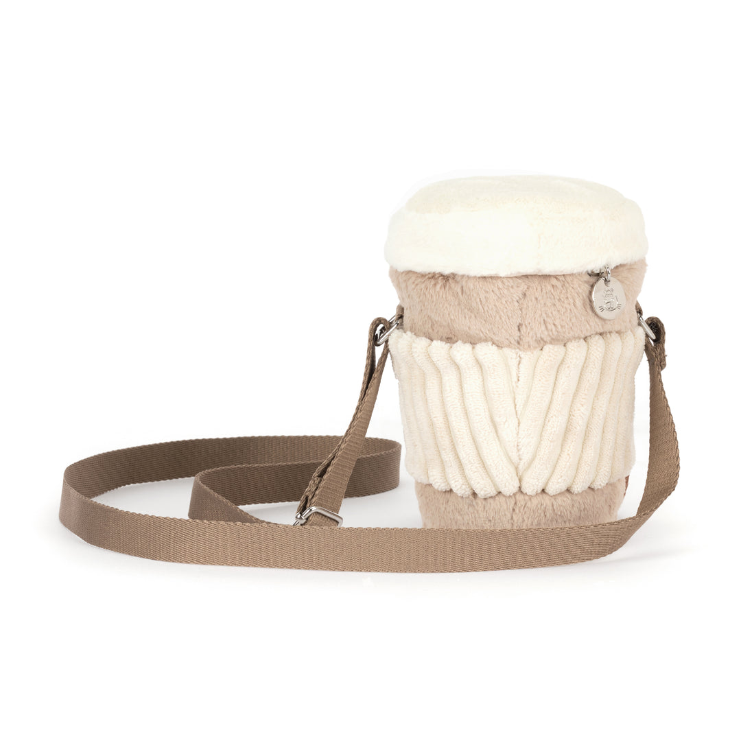 Jellycat Amuseables Perkle Coffee Shoulder Bag beige plush coffee cup with cream sleeve, smiling face, corduroy feet and shoulder strap