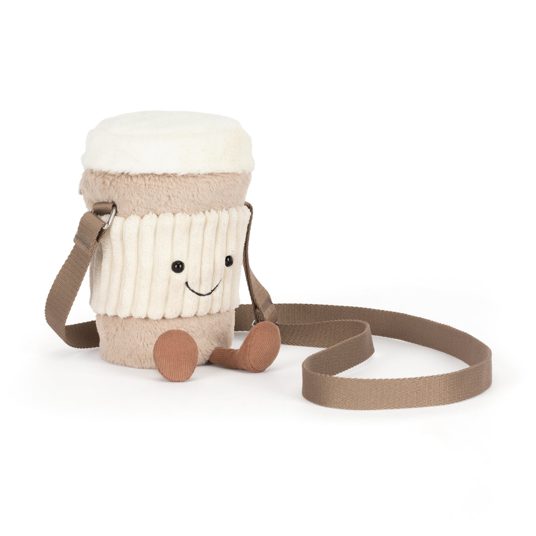 Jellycat Amuseables Perkle Coffee Shoulder Bag beige plush coffee cup with cream sleeve, smiling face, corduroy feet and shoulder strap