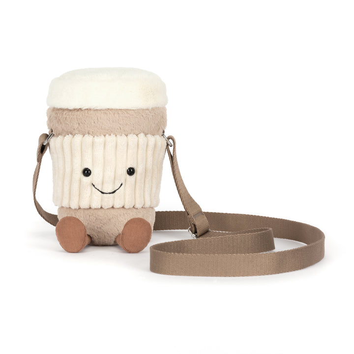 Jellycat Amuseables Perkle Coffee Shoulder Bag beige plush coffee cup with cream sleeve, smiling face, corduroy feet and shoulder strap