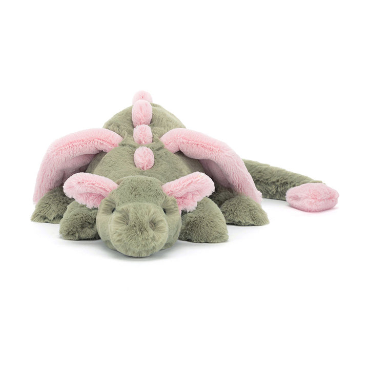 Jellycat Malachy Dragon plush with soft green fur, pink wings, and relaxed cuddly pose on a white background