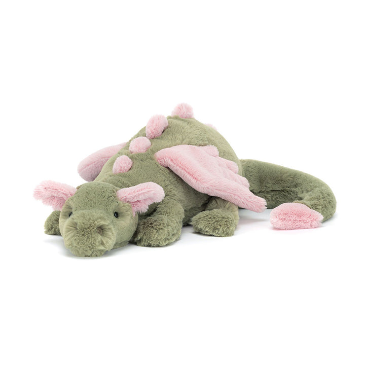 Jellycat Malachy Dragon plush with soft green fur, pink wings, and relaxed cuddly pose on a white background