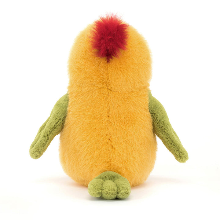 Budgeby Parrot back view shows all the colors of this bright yellow, green and red parrot.