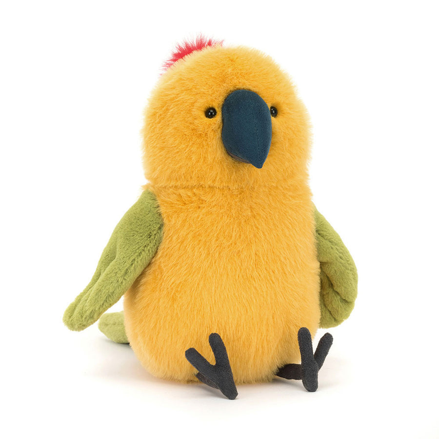 Meet Budgeby Parrot – lifeguard extraordinaire, sun-seeker, and all-round beach bon vivant!
He's bold, bright and brilliantly beaked. With a bright yellow body, green wings and a tuft of red atop his head Budgeby passes the vibe check with flying colours...