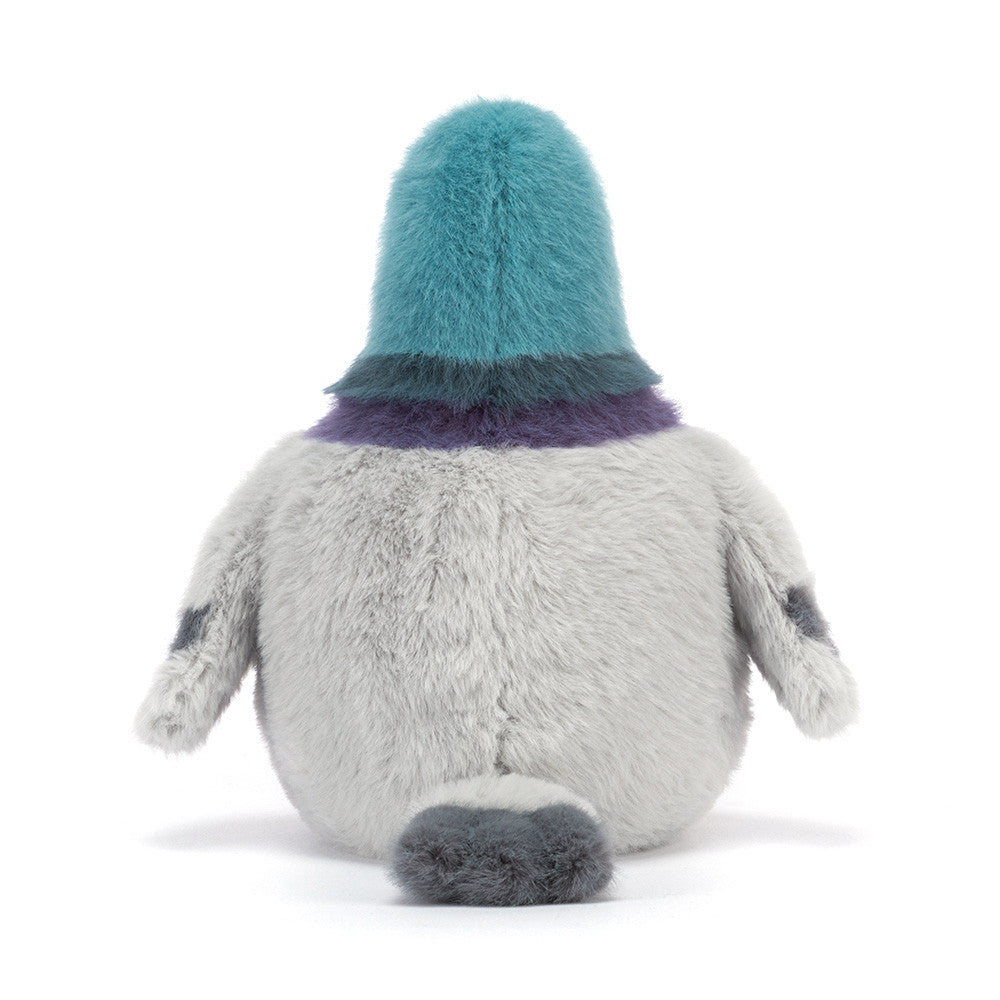 Strutton Pigeon plush with teal head, grey body, and tail sitting upright back view