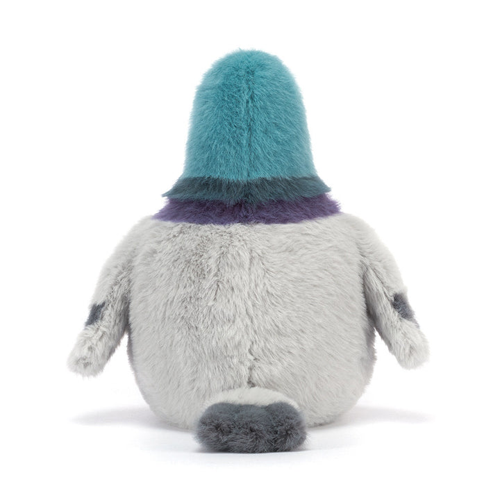 Strutton Pigeon plush with teal head, grey body, and tail sitting upright back view