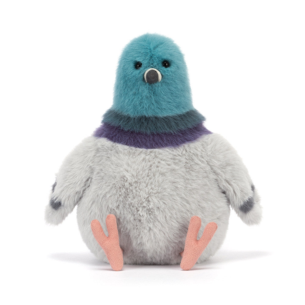 Strutton Pigeon plush with teal head, grey body, and peach feet sitting upright