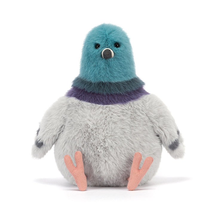 Strutton Pigeon plush with teal head, grey body, and peach feet sitting upright