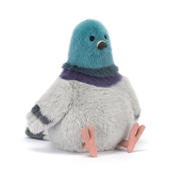 Strutton Pigeon plush with teal head, grey body, and peach feet sitting upright