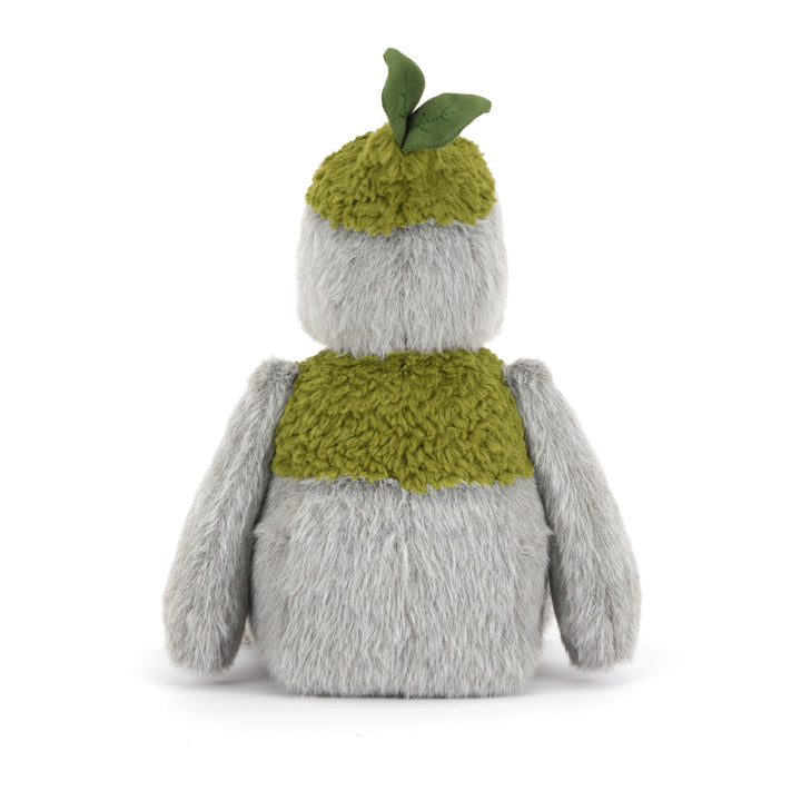 Rockleton Jellycat plush with soft gray fur, moss green accents, leafy sprout on its head, oversized feet, sitting on a white background. Back view