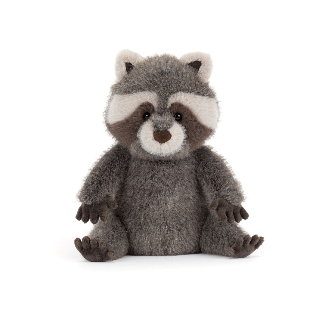 Trixiwoo Raccoon Jellycat plush with soft gray fur, fluffy striped tail, masked face, and seated pose on a white background.