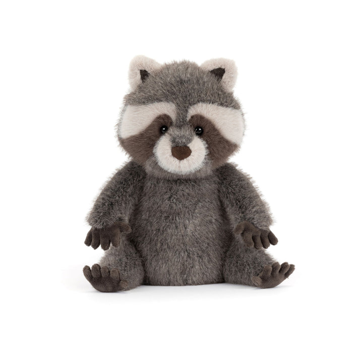 Trixiwoo Raccoon Jellycat plush with soft gray fur, fluffy striped tail, masked face, and seated pose on a white background.