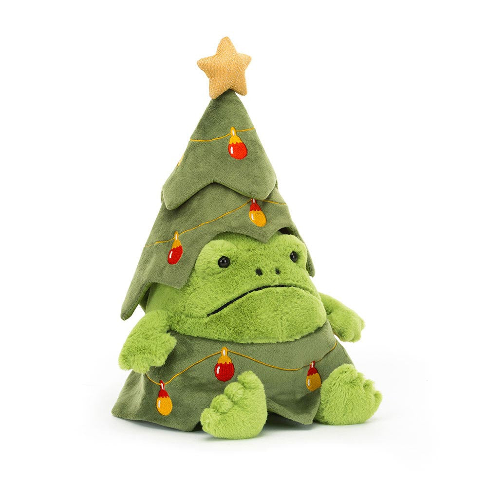 Soft green plush frog dressed as a Christmas tree with star topper and embroidered lights, Christmas Tree Ricky Rain Frog