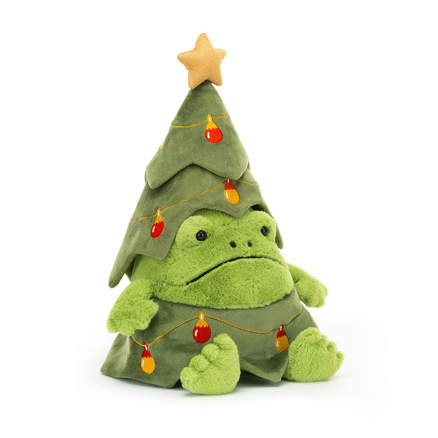 Soft green plush frog dressed as a Christmas tree with star topper and embroidered lights, Christmas Tree Ricky Rain Frog