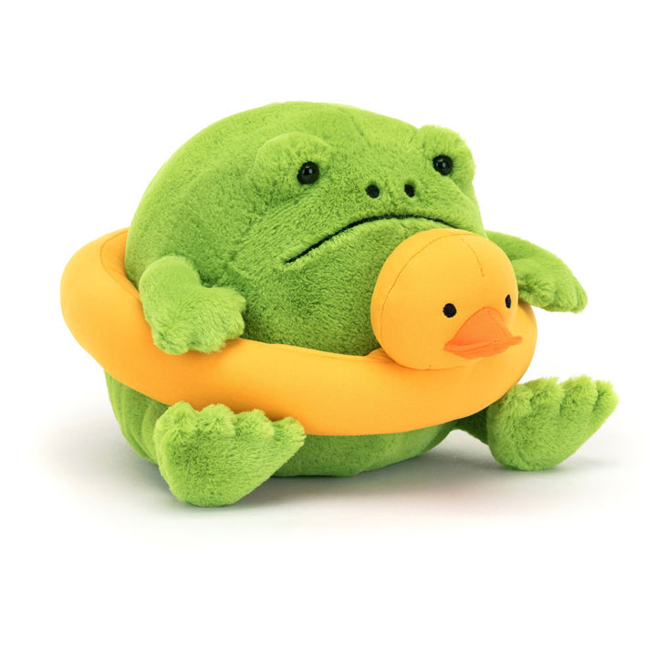 Ricky Rain Frog is ready to relax. Our favorite grumpy frog has found a duck rubber ring in bright yellow cotton to compliment his soft, pea-green fur. Ricky may be sporting a big, stitched frown, but this frog’s got summer vibes for everyone!