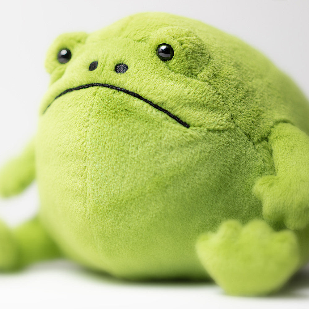 Ricky Rain Frog closeup of this grumpy guy. Featuring his embroidery nostrils, grumpy frown and his bulging black eyes.