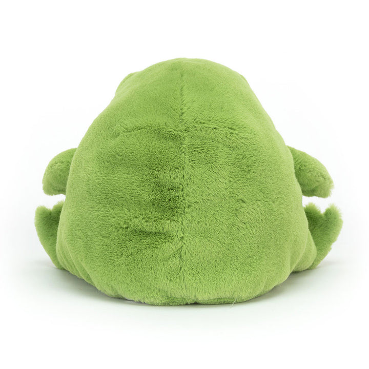 Ricky Rain Frog back view showing all his soft pea green fur and squishy body.  He's just sitting waiting for his perfect lilly pad.