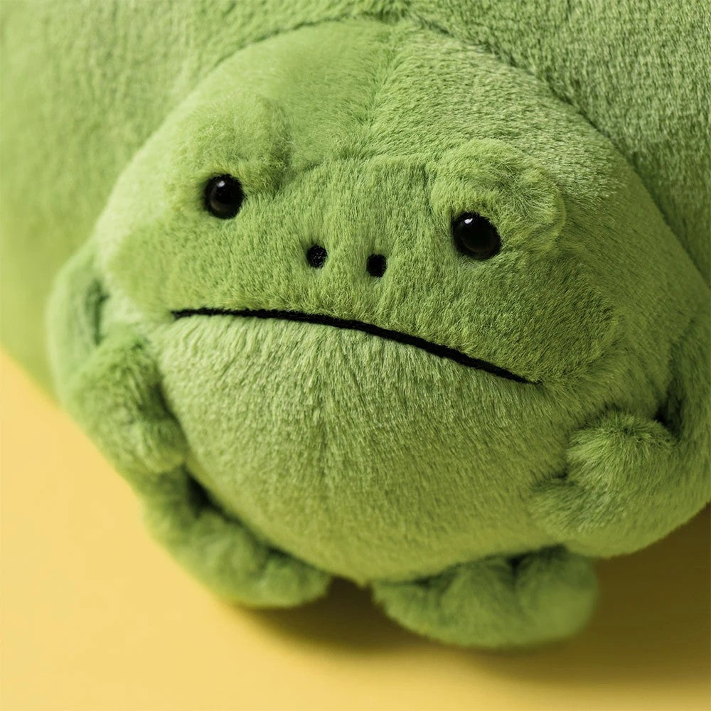 Close-up of Jellycat Ricky Rain Frog Pouch showing Ricky’s signature grumpy frog face