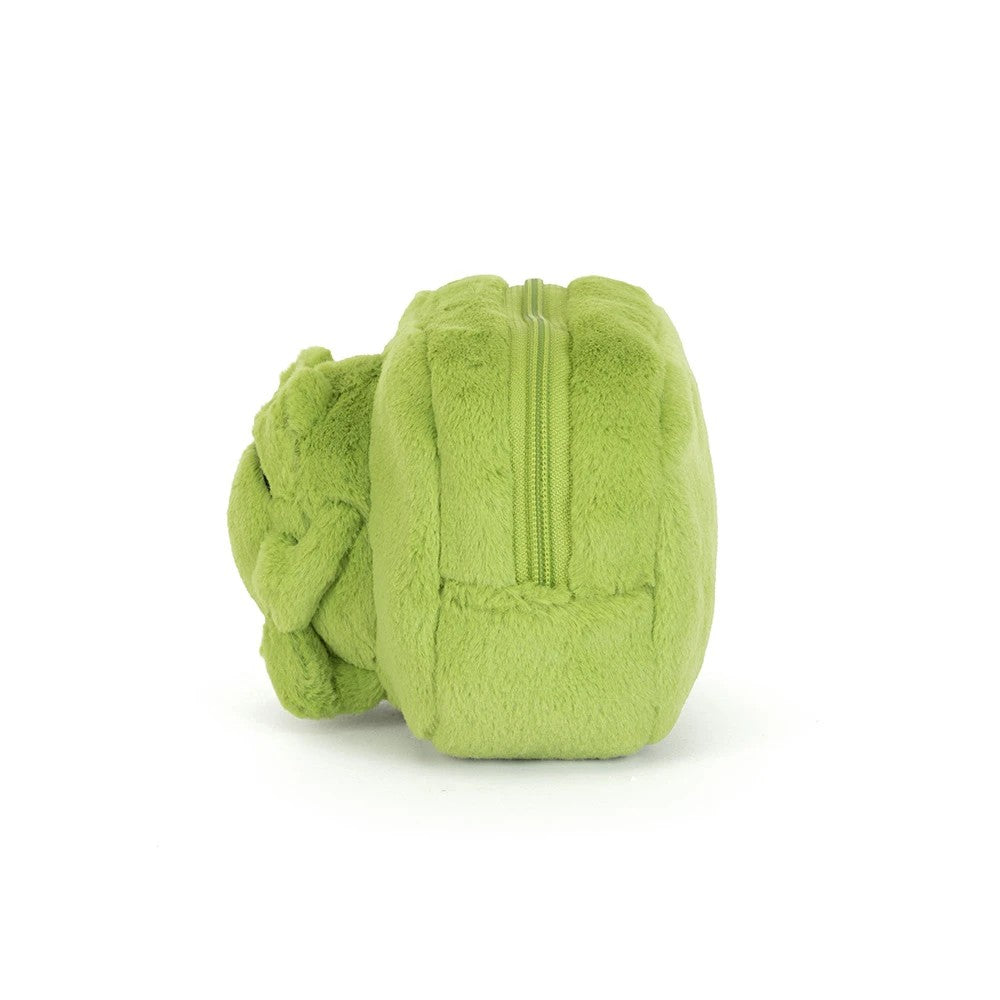 Side view of Jellycat Ricky Rain Frog Pouch green plush zippered pouch with frog character on front
