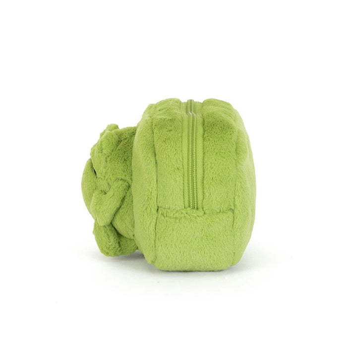 Side view of Jellycat Ricky Rain Frog Pouch green plush zippered pouch with frog character on front