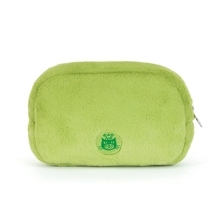 Rear view of Jellycat Ricky Rain Frog Pouch green plush zippered pouch with jellycat logo embroidered on back
