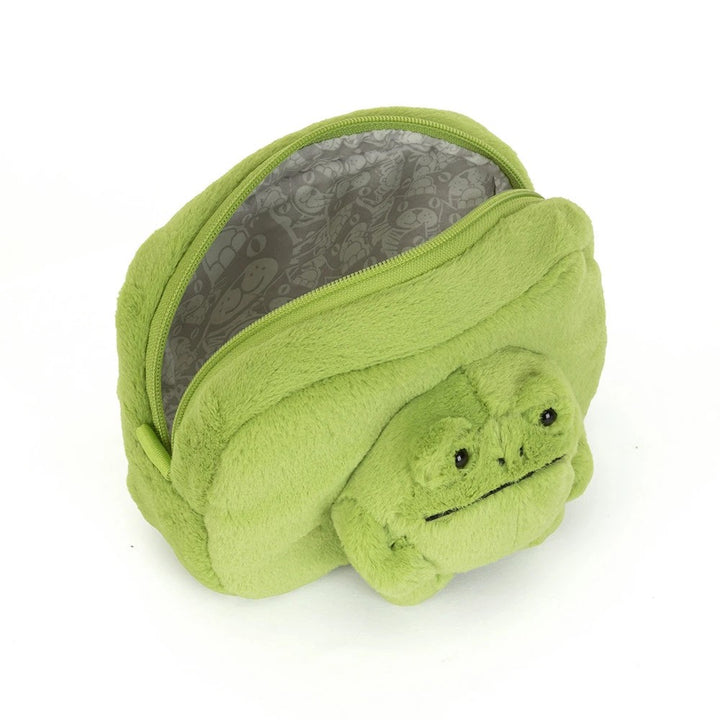 Jellycat Ricky Rain Frog Pouch open showing zip closure and patterned interior lining