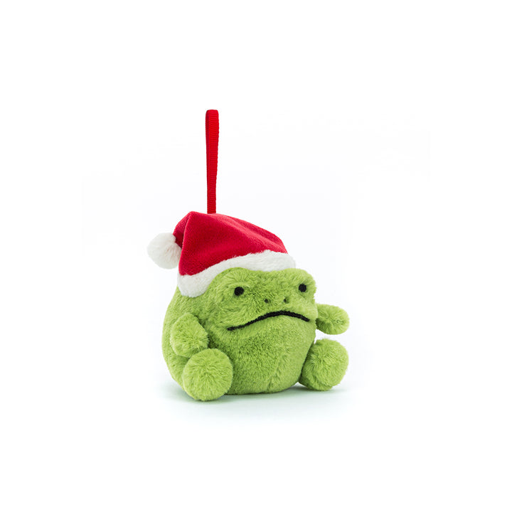 Plush green frog ornament wearing a red Santa hat with hanging loop