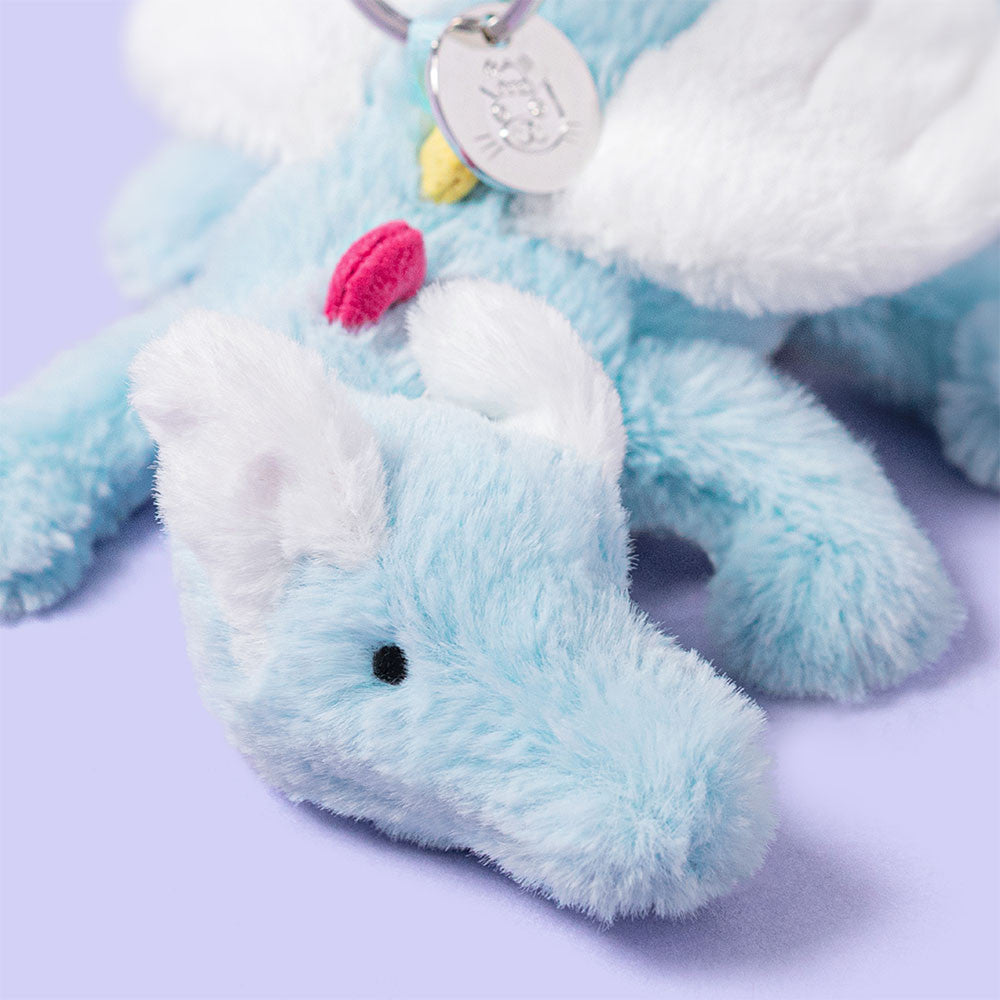 Sky-blue plush dragon bag charm with clip attachment