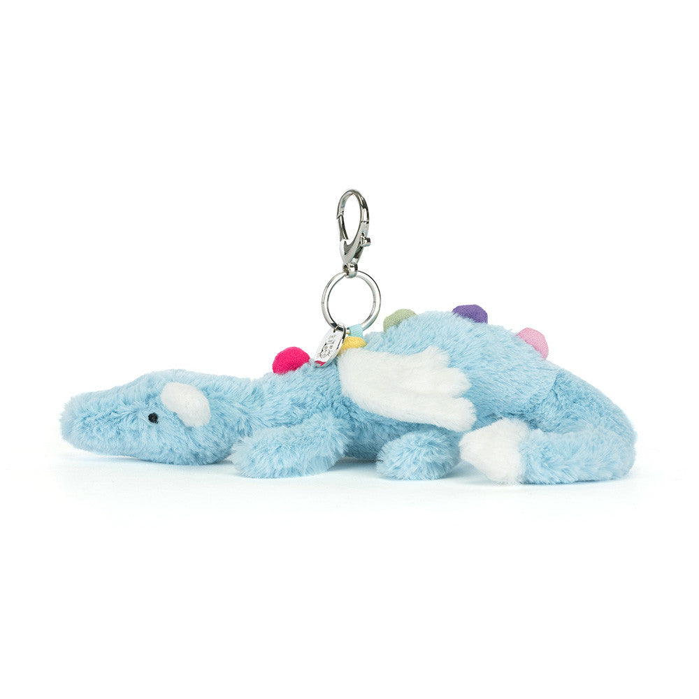 Sky-blue plush dragon bag charm with clip attachment