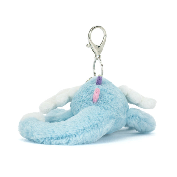 Sky-blue plush dragon bag charm with clip attachment