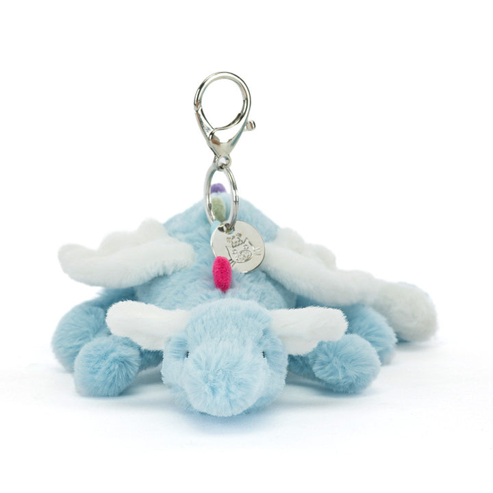 Sky-blue plush dragon bag charm with clip attachment