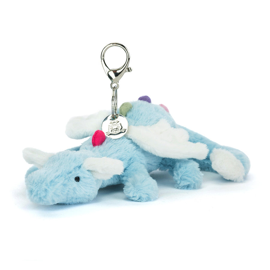 Sky-blue plush dragon bag charm with clip attachment