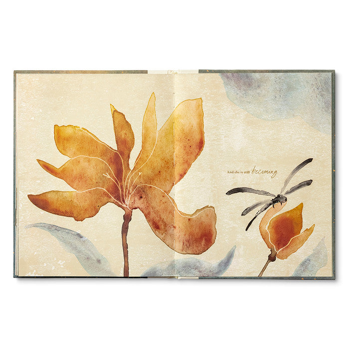 Artistic depiction of a brown flower and dragonfly on a textured beige background