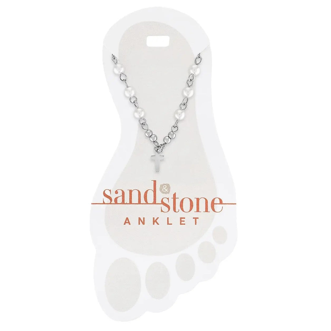silver stainless steel anklet with pearl beads and cross dangle charm