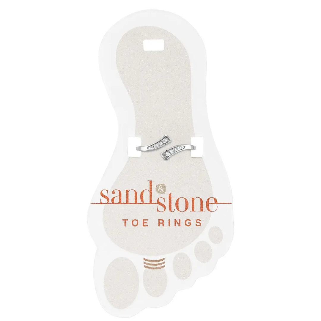 Silver wrap toe ring with cubic zirconia accents on display card