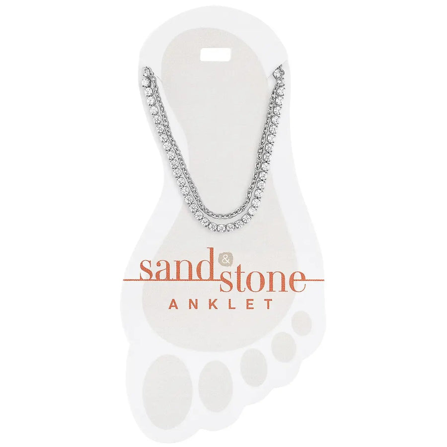 silver stainless steel anklet with dual chain design featuring box chain and cubic zirconia strand