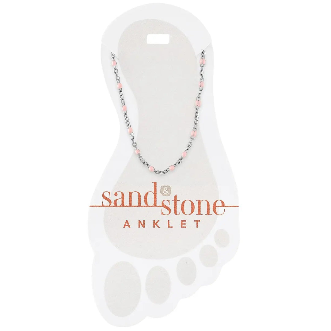 silver stainless steel anklet with small pink bead accents on delicate chain