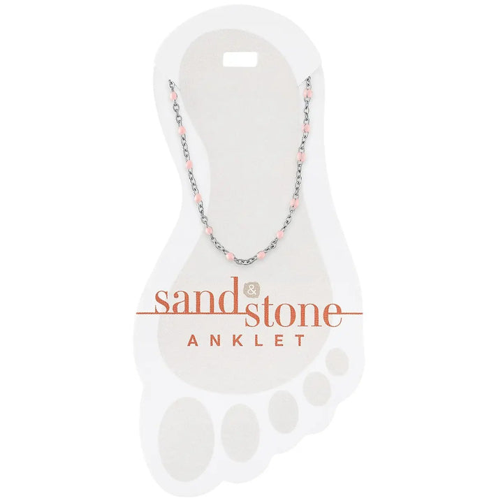 silver stainless steel anklet with small pink bead accents on delicate chain