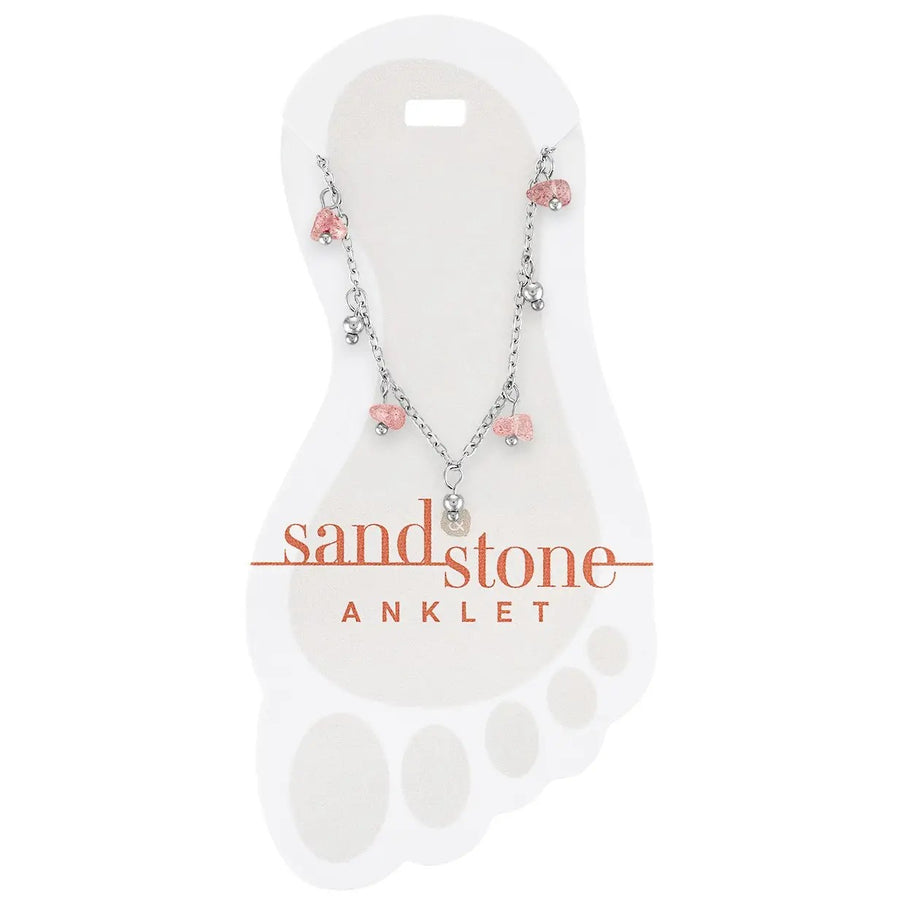 silver stainless steel anklet with pink natural stone dangle charms and bead accents