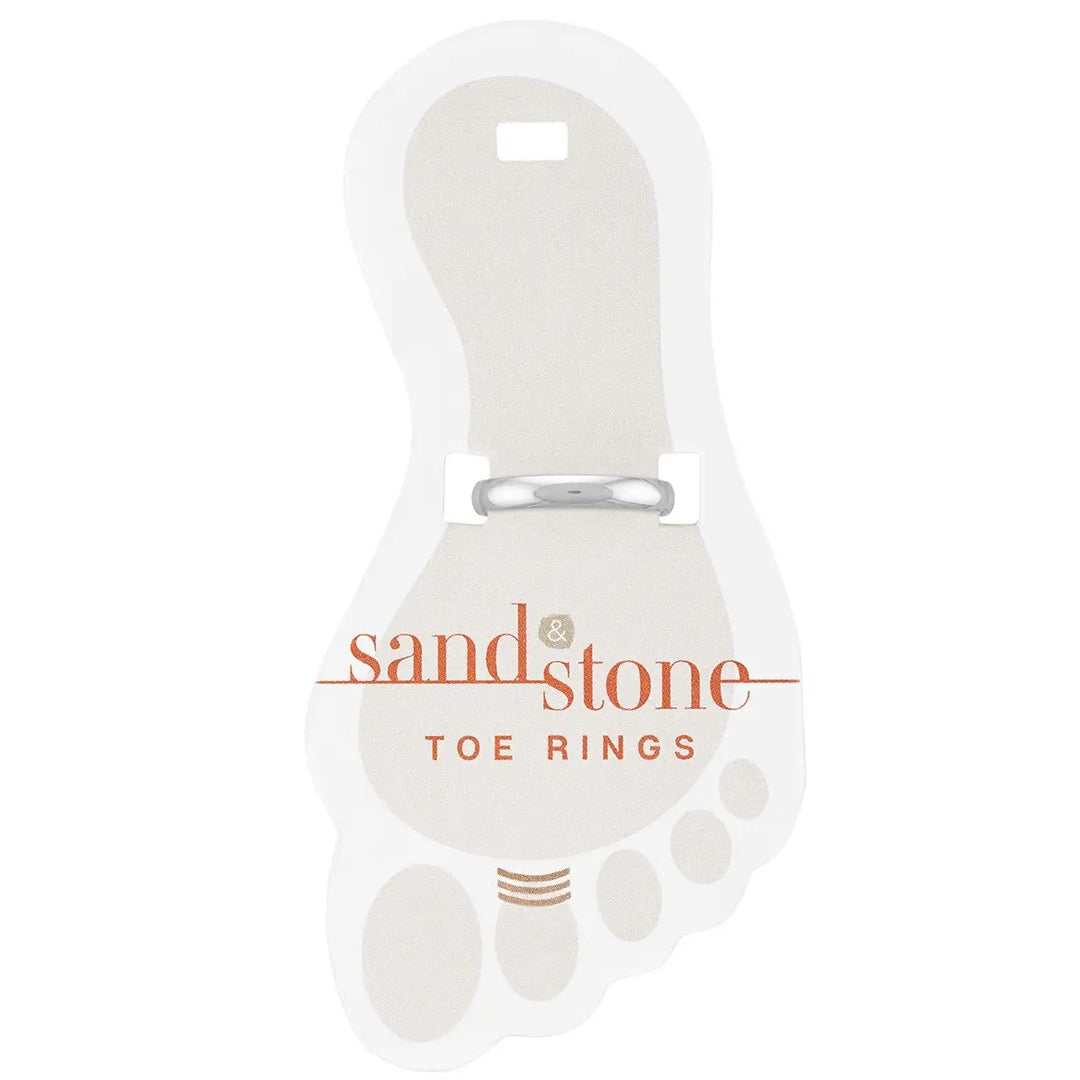 Silver solid band toe ring on display card
