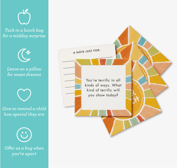 Colorful card with a message and a blue sidebar with text and icons.