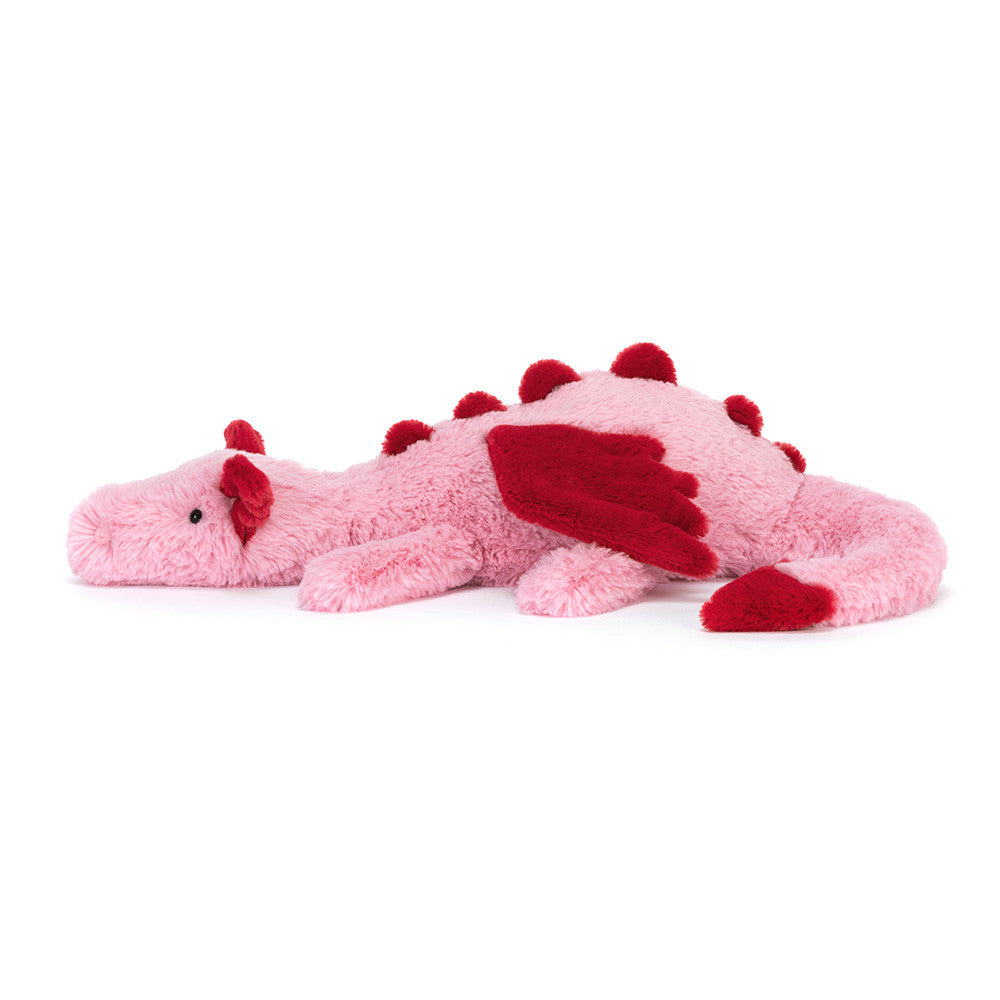 Jellycat Heart Dragon plush with soft pink fur, red heart accents, and a cuddly dragon design on a white background