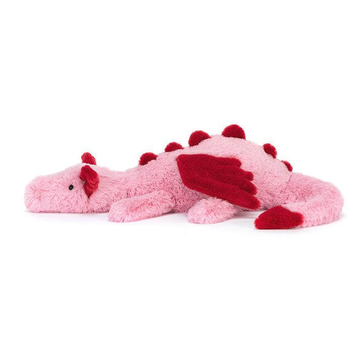 Jellycat Heart Dragon plush with soft pink fur, red heart accents, and a cuddly dragon design on a white background
