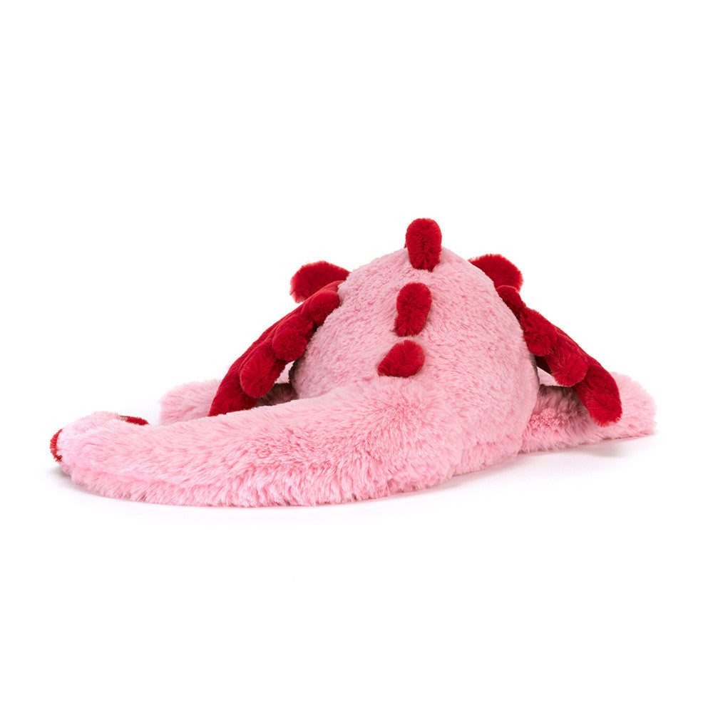 rear view Jellycat Heart Dragon plush with soft pink fur, red heart accents, and a cuddly dragon design on a white background