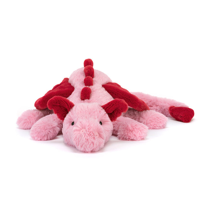 Jellycat Heart Dragon plush with soft pink fur, red heart accents, and a cuddly dragon design on a white background