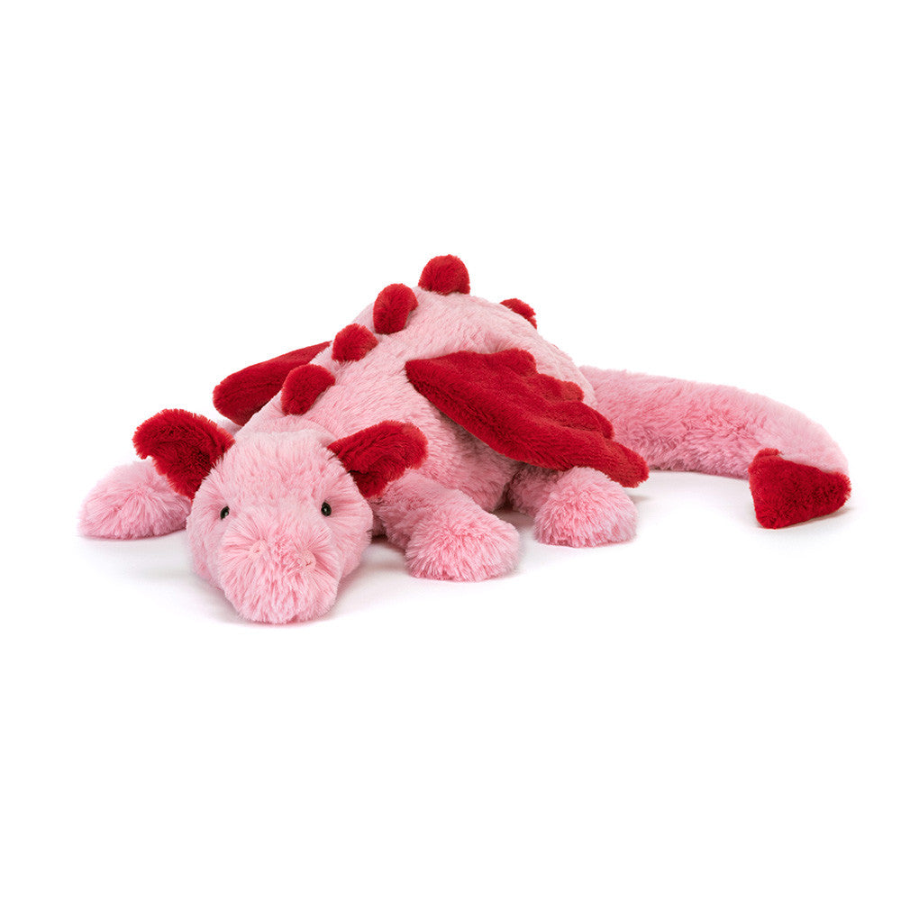 Jellycat Heart Dragon plush with soft pink fur, red heart accents, and a cuddly dragon design on a white background