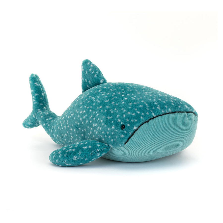 Meet Gobfrey Whale Shark – a quirky, lovable Jellycat plush with a frowny focus, sea shanty charm, and cuddly fins. He has a spotted blue body and super soft corduroy belly.